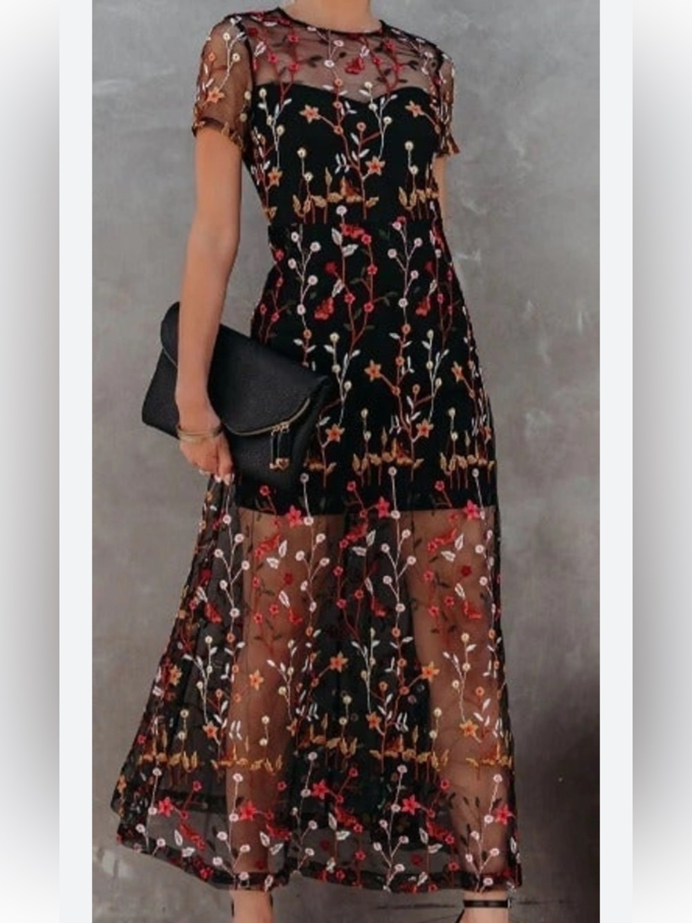 Floral Embroidered Black Maxi Dress with Sheer Overlay - Picture 8 of 15